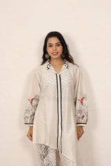 Flower block-printed cotton shirt with pearl