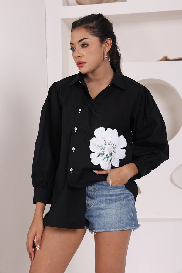 Stylish upside-down cotton flower block print shirt