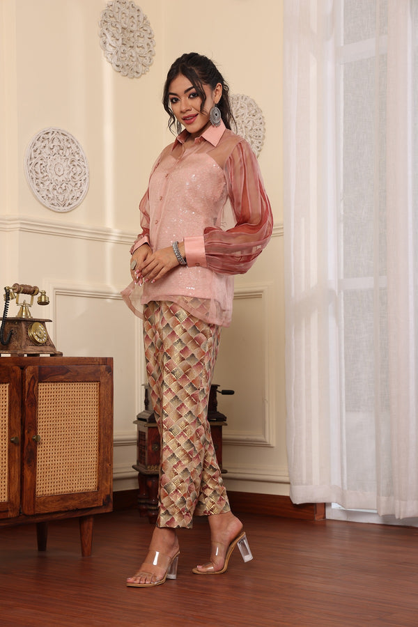 Brocade pants with a sequence inner and organza flared sleeves