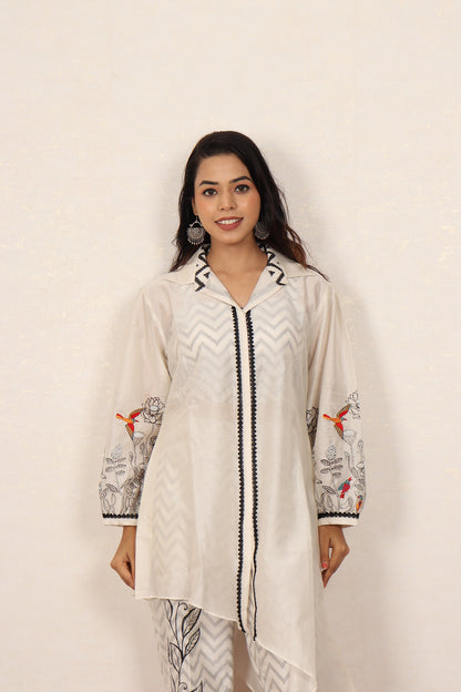 Flower block-printed cotton shirt with pearl